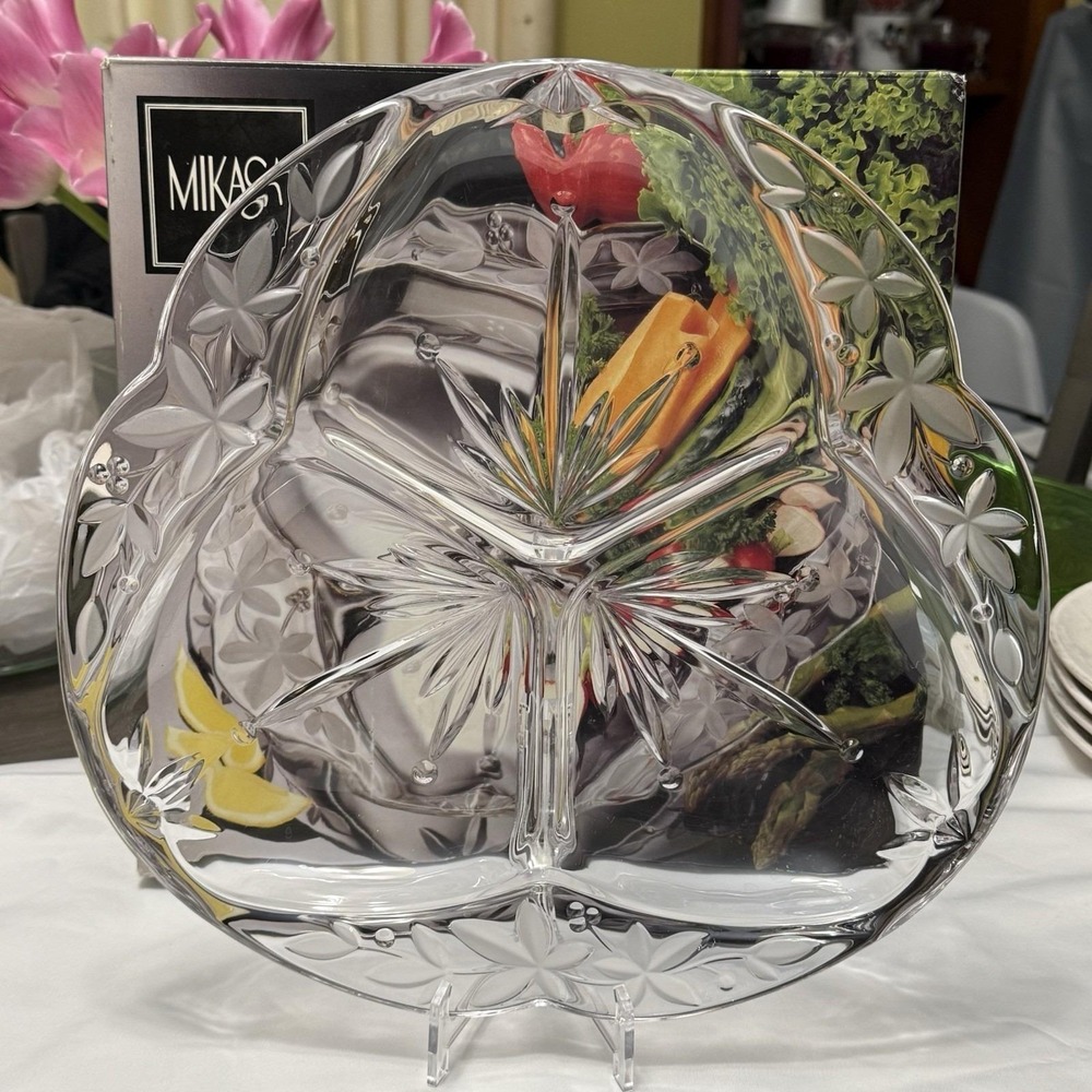 Mikasa Crystal Divided Relish Tray 3‎ Section Floral Serving Platter Japan